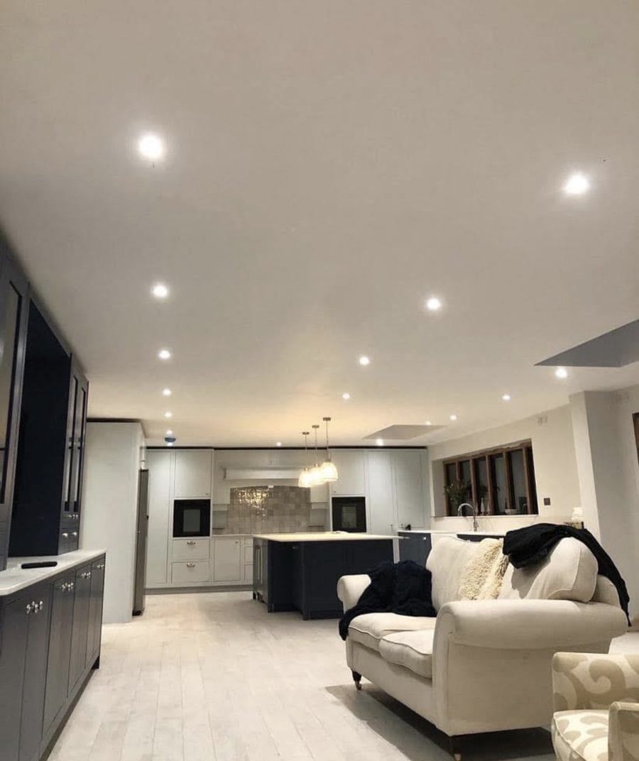 Open-plan kitchen and living space with recessed downlights, bespoke electrical refurb by Baymead Electrical Contractors